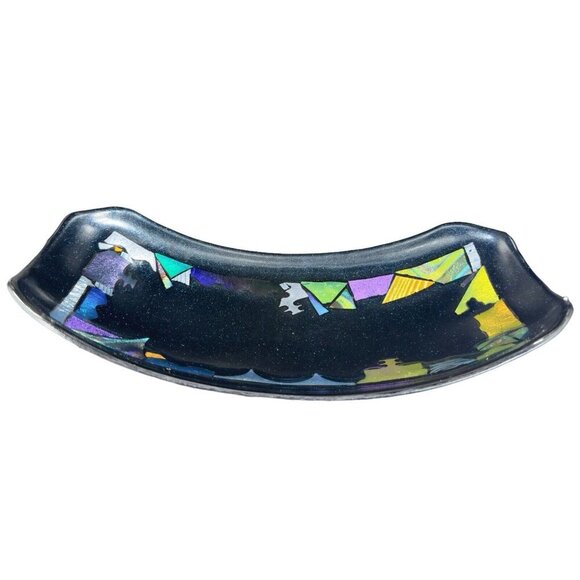 Hand Made Dichroic Art Glass Fused Iridescent Finish Curved Footed Bowl Dish VTG - Picture 5 of 16